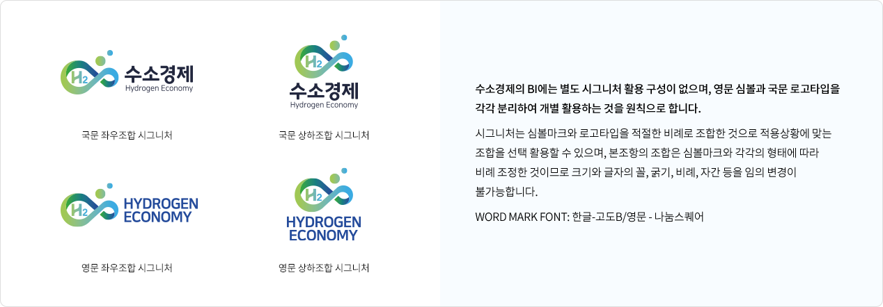 국문 좌우조합 시그니처 국문 상하조합 시그니처 영문 좌우조합 시그니처 영문 상하조합 시그니처
			수소경제의 BI에는 별도 시그니처 활용 구성이 없으며, 영문 심볼과 국문 로고타입을 
			각각 분리하여 개별 활용하는 것을 원칙으로 합니다.

			시그니처는 심볼마크와 로고타입을 적절한 비례로 조합한 것으로 적용상황에 맞는 
			조합을 선택 활용할 수 있으며, 본조항의 조합은 심볼마크와 각각의 형태에 따라 
			비례 조정한 것이므로 크기와 글자의 꼴, 굵기, 비례, 자간 등을 임의 변경이 
			불가능합니다.

			WORD MARK FONT: 한글-고도B/영문 - 나눔스퀘어